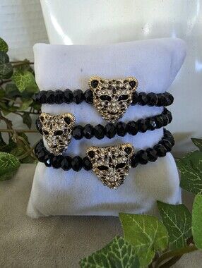 Set of 3 Crystal Glass Stretch Bracelets: Gold-Tone Leopard Head Accents